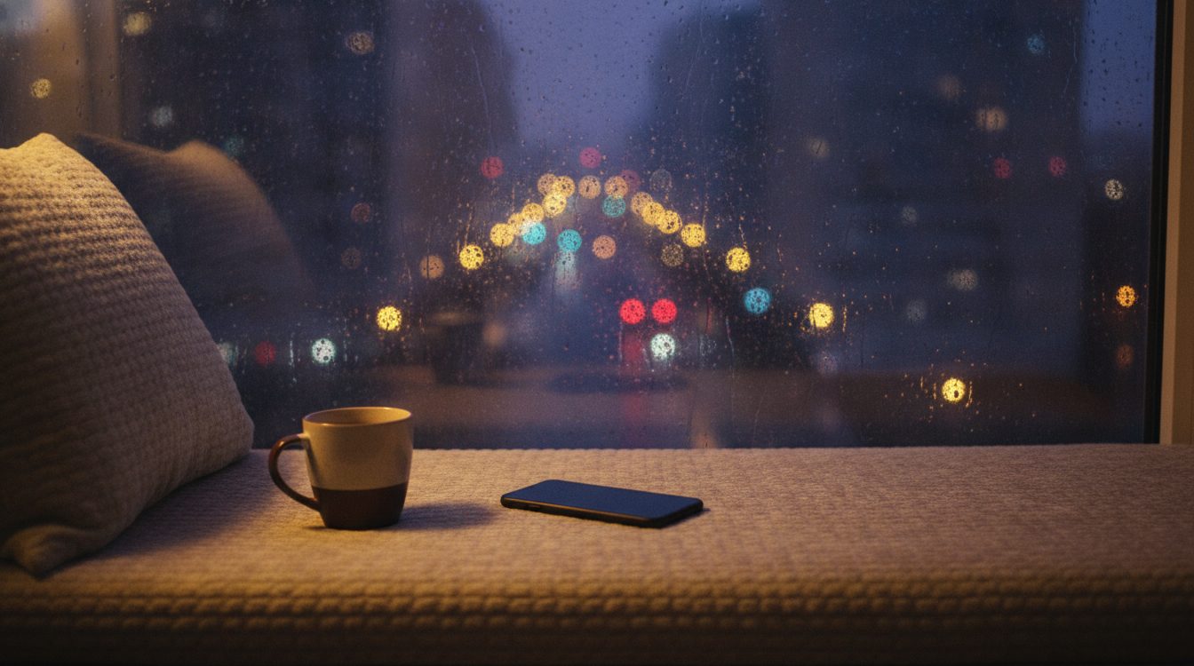 A window seat at night with a phone and a mug, city lights blurred through rain on the glass, the setting long-distance couples know well
