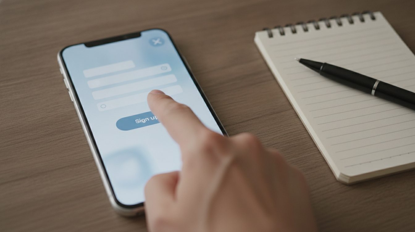 A phone on a table showing an app's sign-up screen with a finger hovering over the button, beside a pen and a small notebook