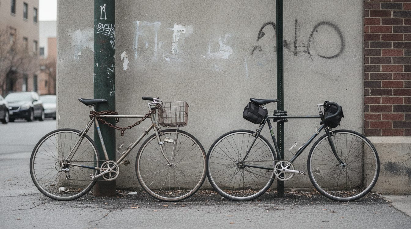Two bicycles leaning against the same wall, each chained separately to its own post rather than locked together, the relationship vs FWB gap between close and committed