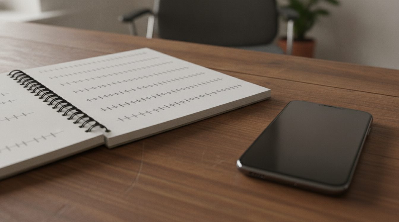 A notebook with simple tally marks beside a phone on a wooden desk, measuring a conversation