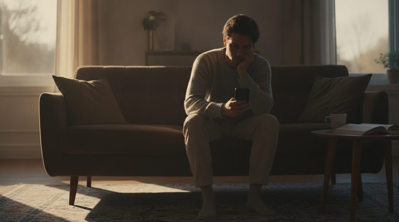 A person sitting on a sofa holding a phone, looking thoughtful in soft evening light