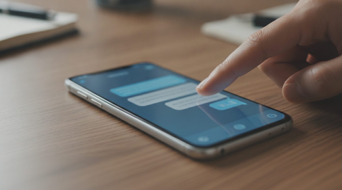 A finger touching a messaging screen on a phone lying on a wooden desk