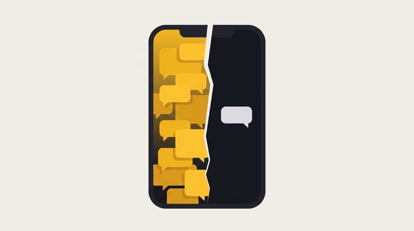 Illustration of a phone screen split between an intensely warm, affectionate message thread and a cold, silent one, representing hot-and-cold narcissistic texting