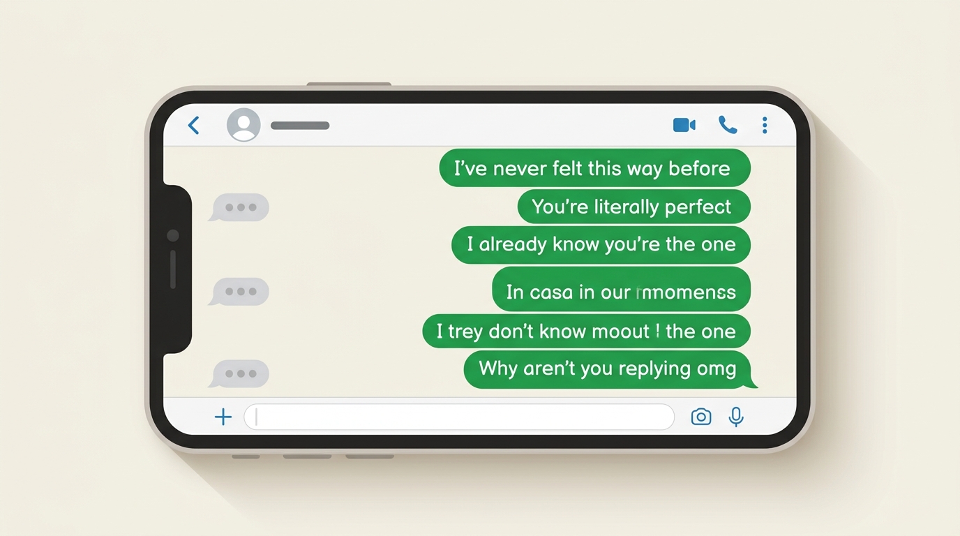 Illustration of a WhatsApp-style chat with an overwhelming burst of intense, affectionate messages sent in rapid succession