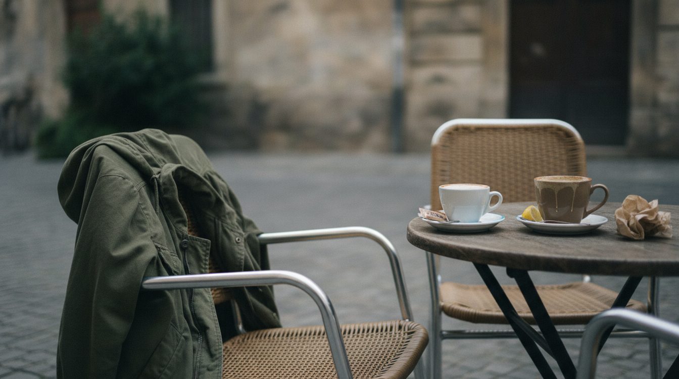 A cafe chair with a jacket left on it beside an empty seat and two coffees, one already gone cold — a small, ordinary sign of situationship vs relationship inconsistency
