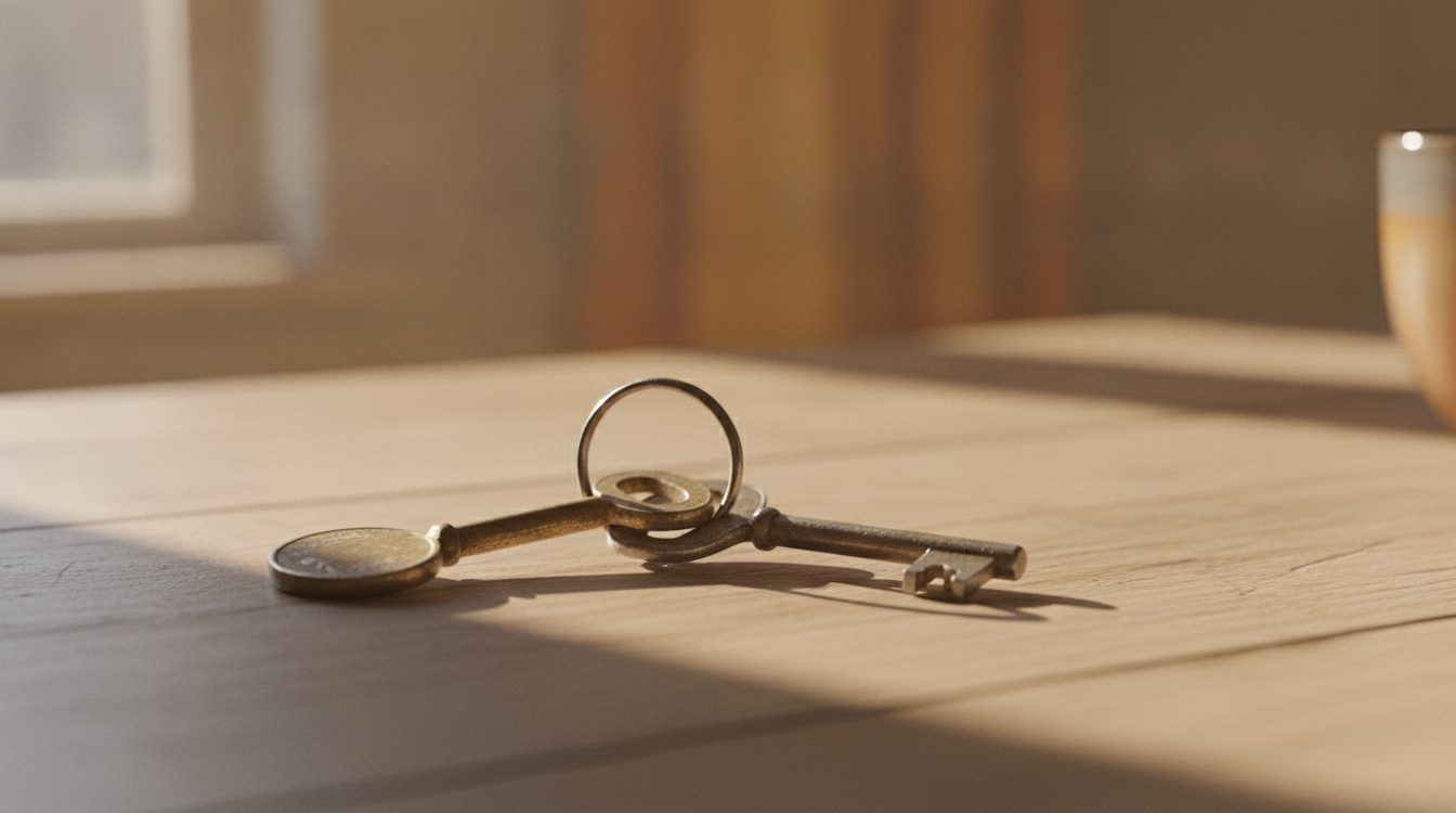 Two house keys on one ring in warm morning light, the kind of small shared fact that marks a situationship becoming a relationship