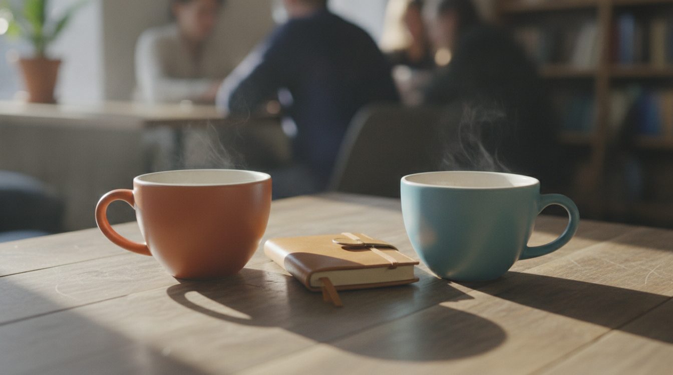 Two coffee cups on a café table with a small notebook between them, showing an early stage of getting to know someone