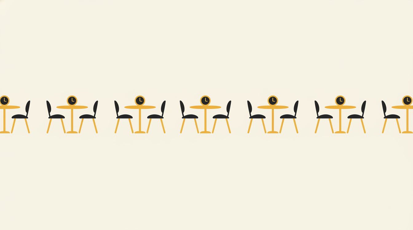A row of small round tables, each with two chairs and a small clock