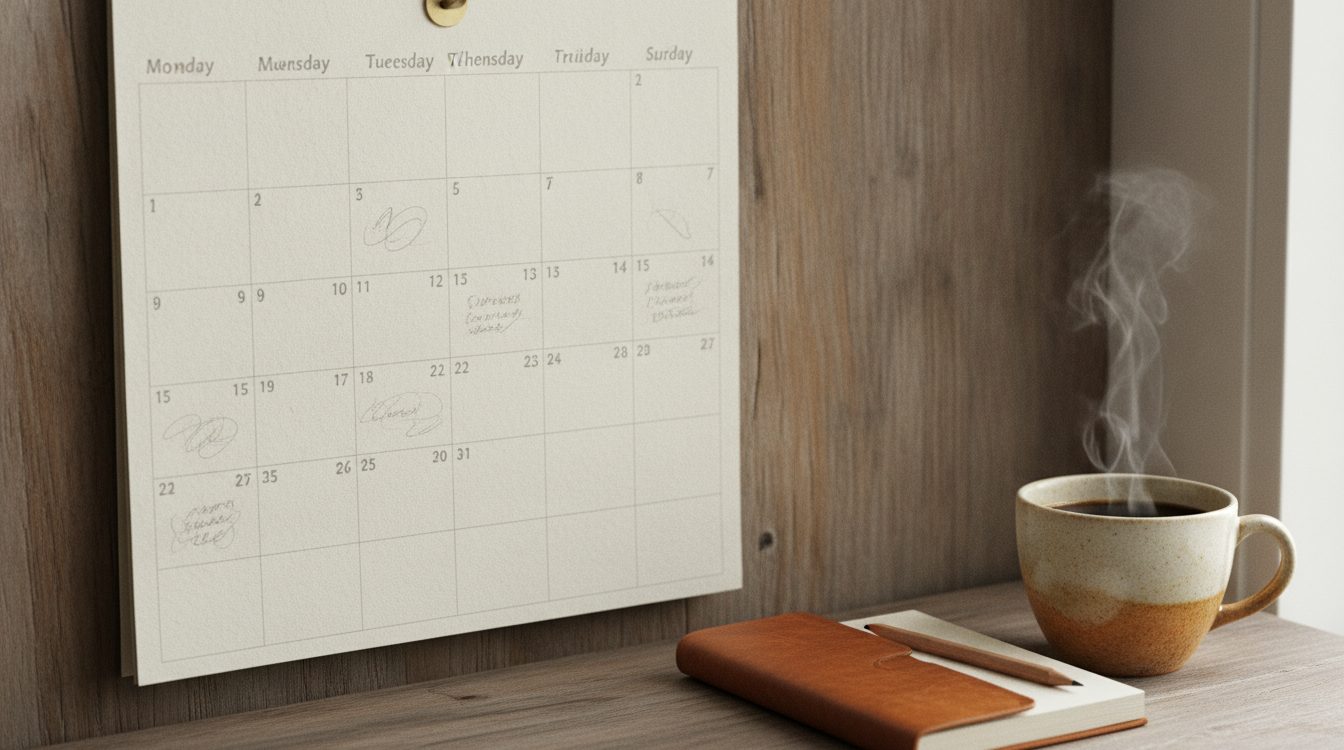 A wall calendar with weeks marked in pencil beside a small notebook and a coffee cup, for tracking changes over time