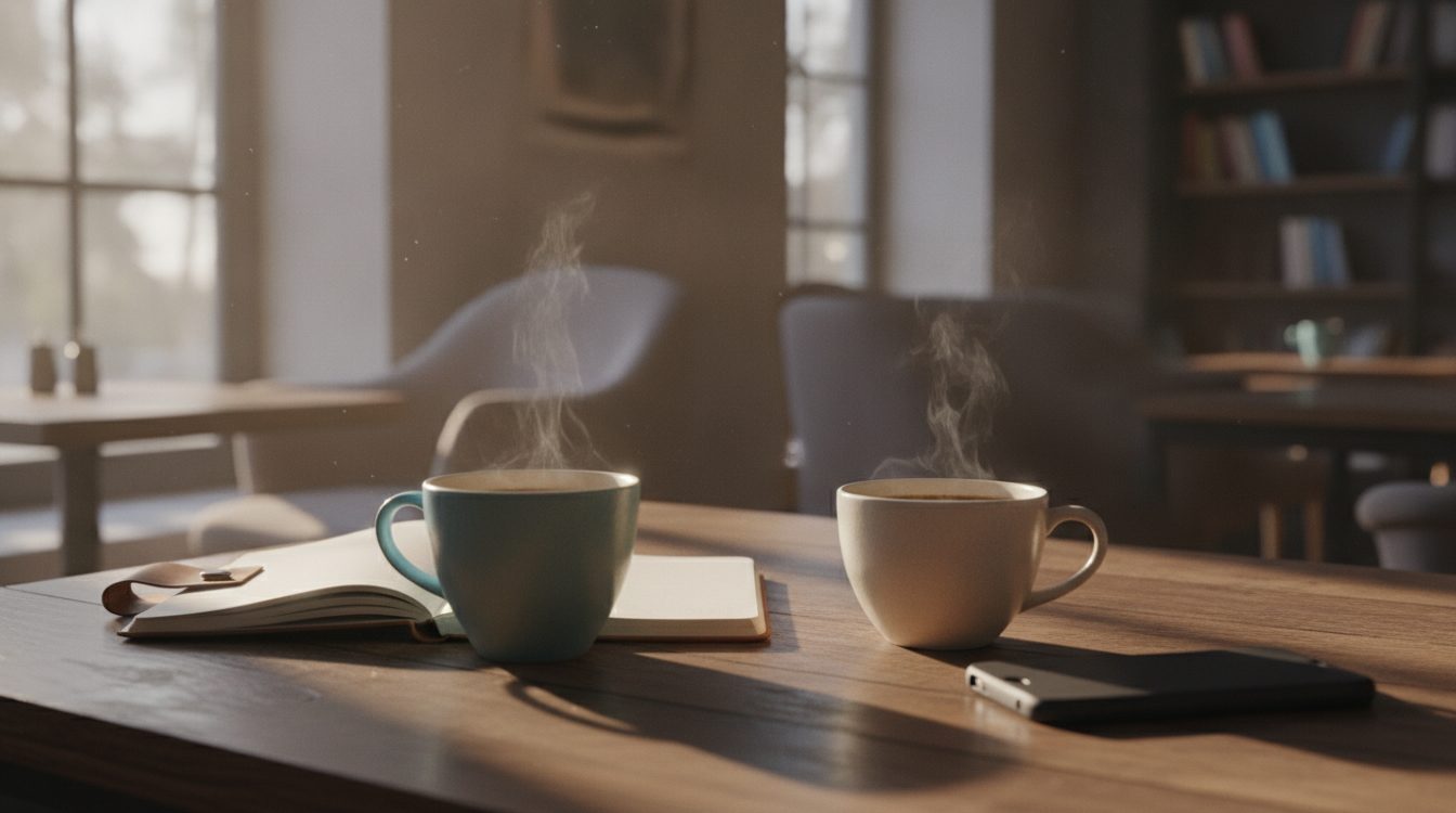 Two coffee cups on a café table with a notebook and a phone face down, suggesting a conversation away from the screen