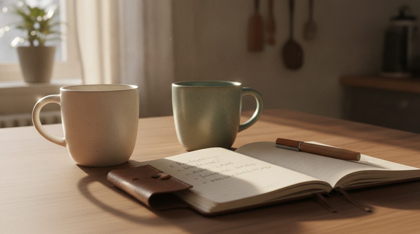 Two mugs on a kitchen table beside a notebook with a short list written on it, ready for a weekly check-in