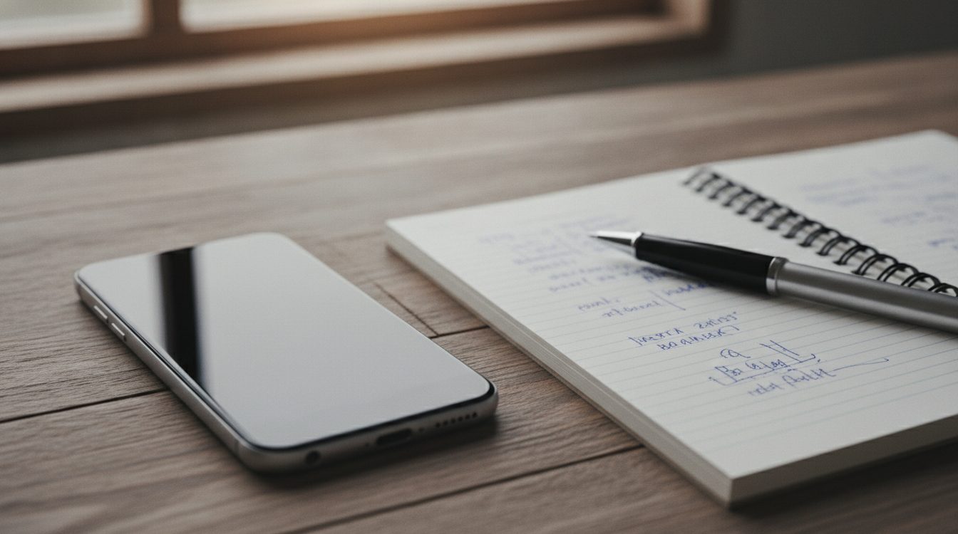 A phone on a wooden table beside an open notebook with a pen, showing a conversation that is only part of the story