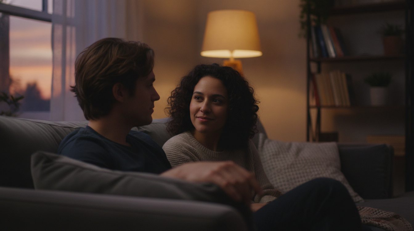 Photo of two people sitting on a couch, one looking at their phone, soft natural light, candid moment
