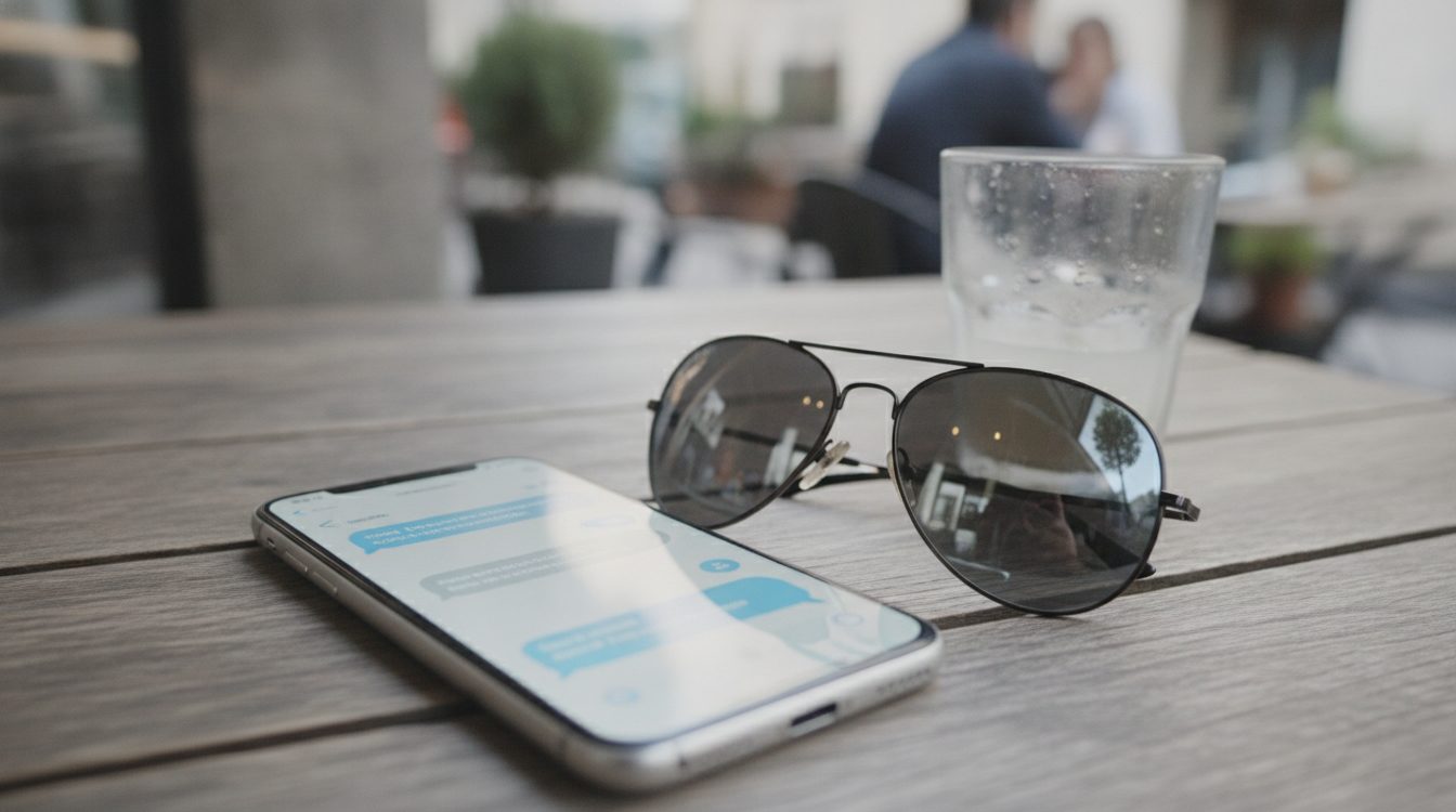 A phone showing a message on a table beside a pair of sunglasses, a moment of uncertainty