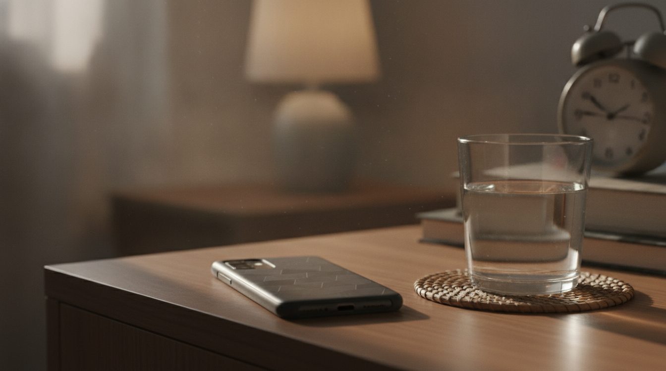 A phone lying face down on a bedside table beside a glass of water, quiet and still