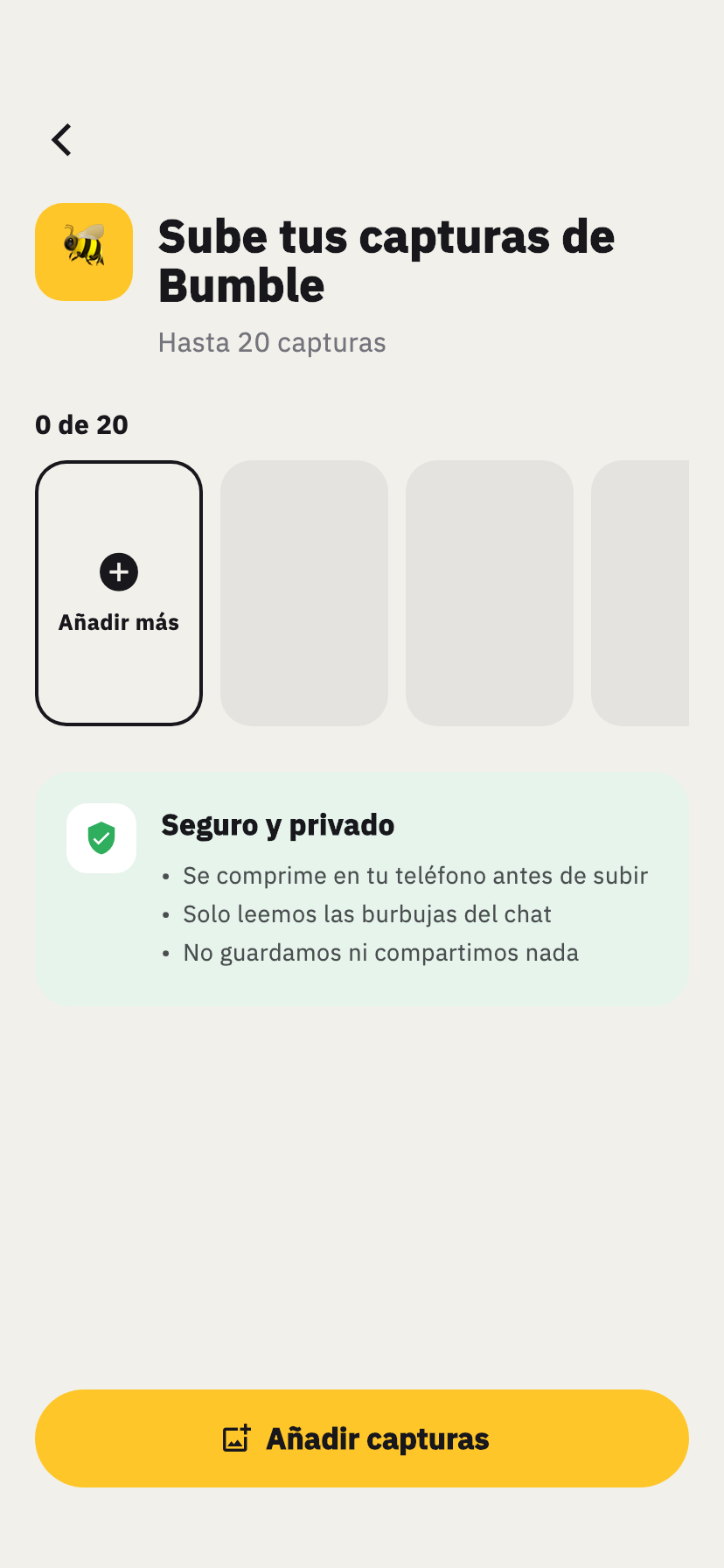 Pantalla de importación de Bumble de Chakam, para añadir capturas de una conversación de Bumble