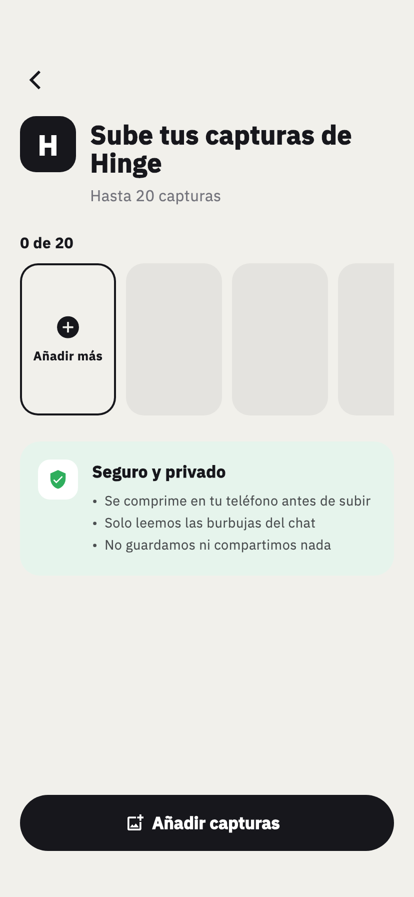 Pantalla de importación de Hinge de Chakam, para añadir capturas de una conversación de Hinge