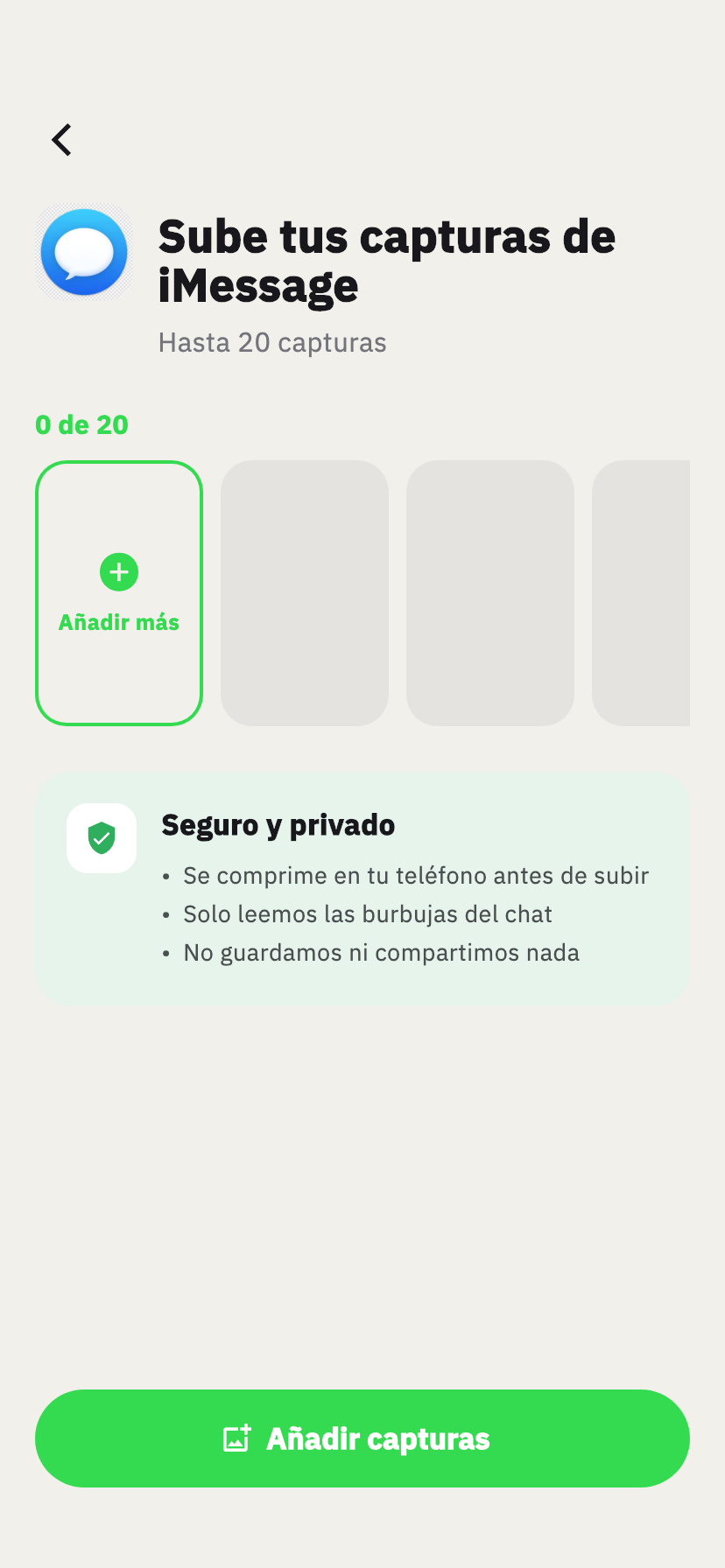 Pantalla de importación de iMessage de Chakam, para añadir capturas de una conversación de iMessage