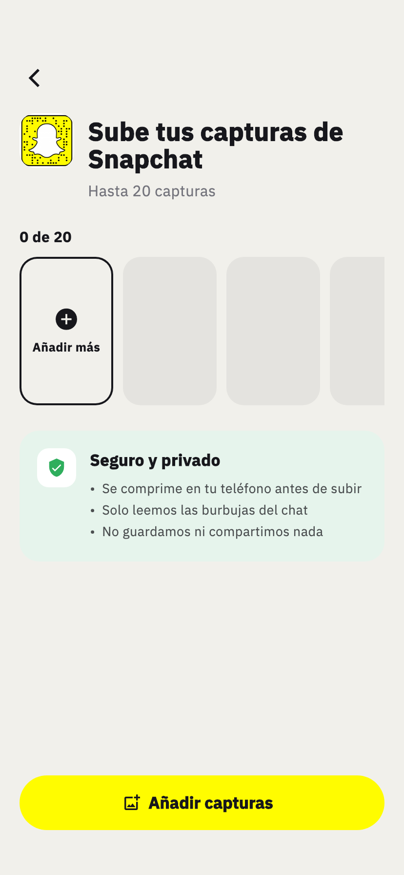 Pantalla de importación de Snapchat de Chakam, para añadir capturas de una conversación de Snapchat
