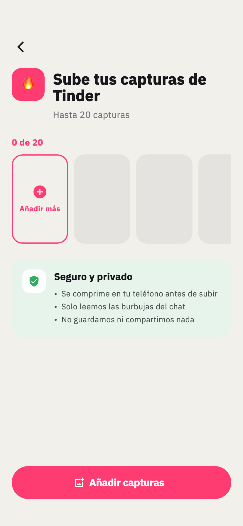Pantalla de importación de Tinder de Chakam, para añadir capturas de una conversación de Tinder