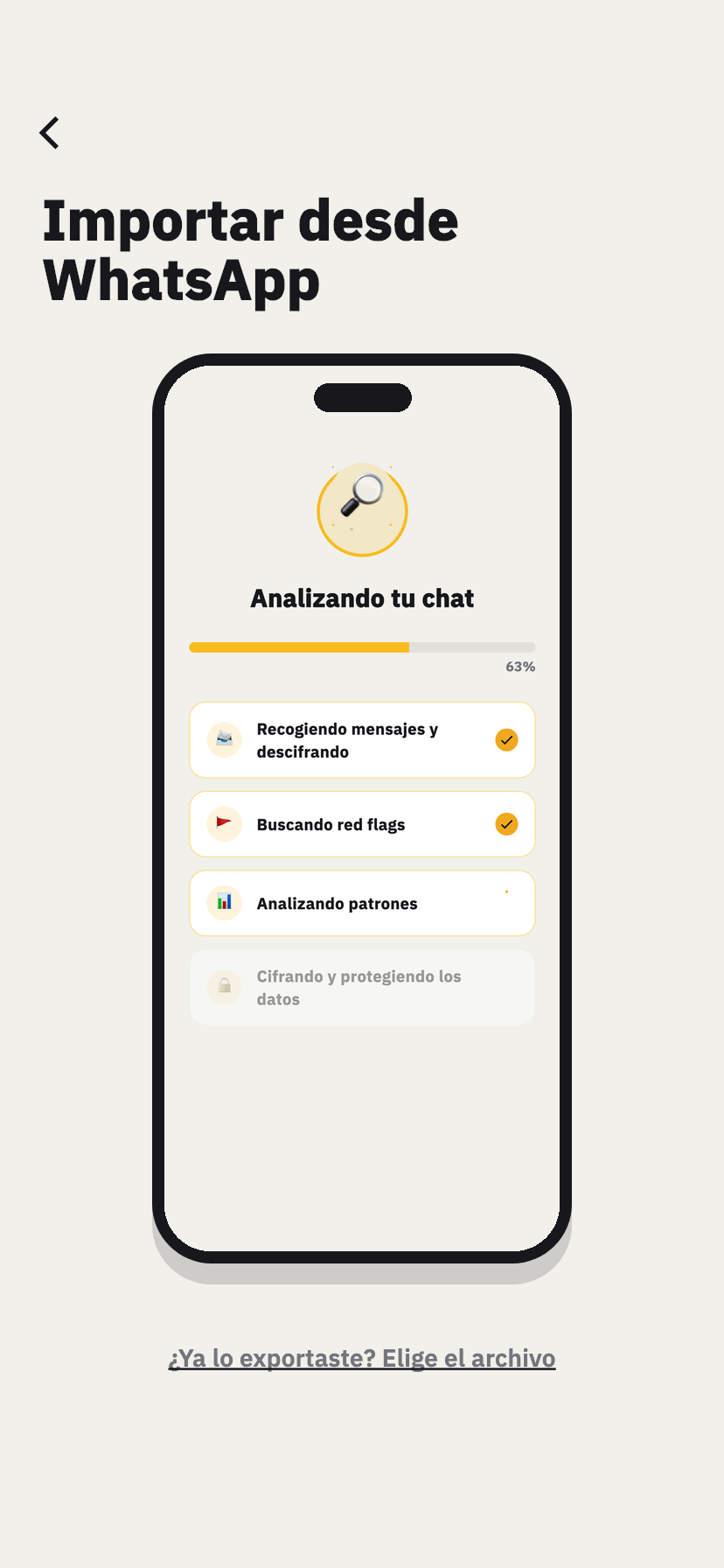 Pantalla de la guía de exportación de WhatsApp de Chakam, que muestra cómo compartir en la app un chat de WhatsApp exportado