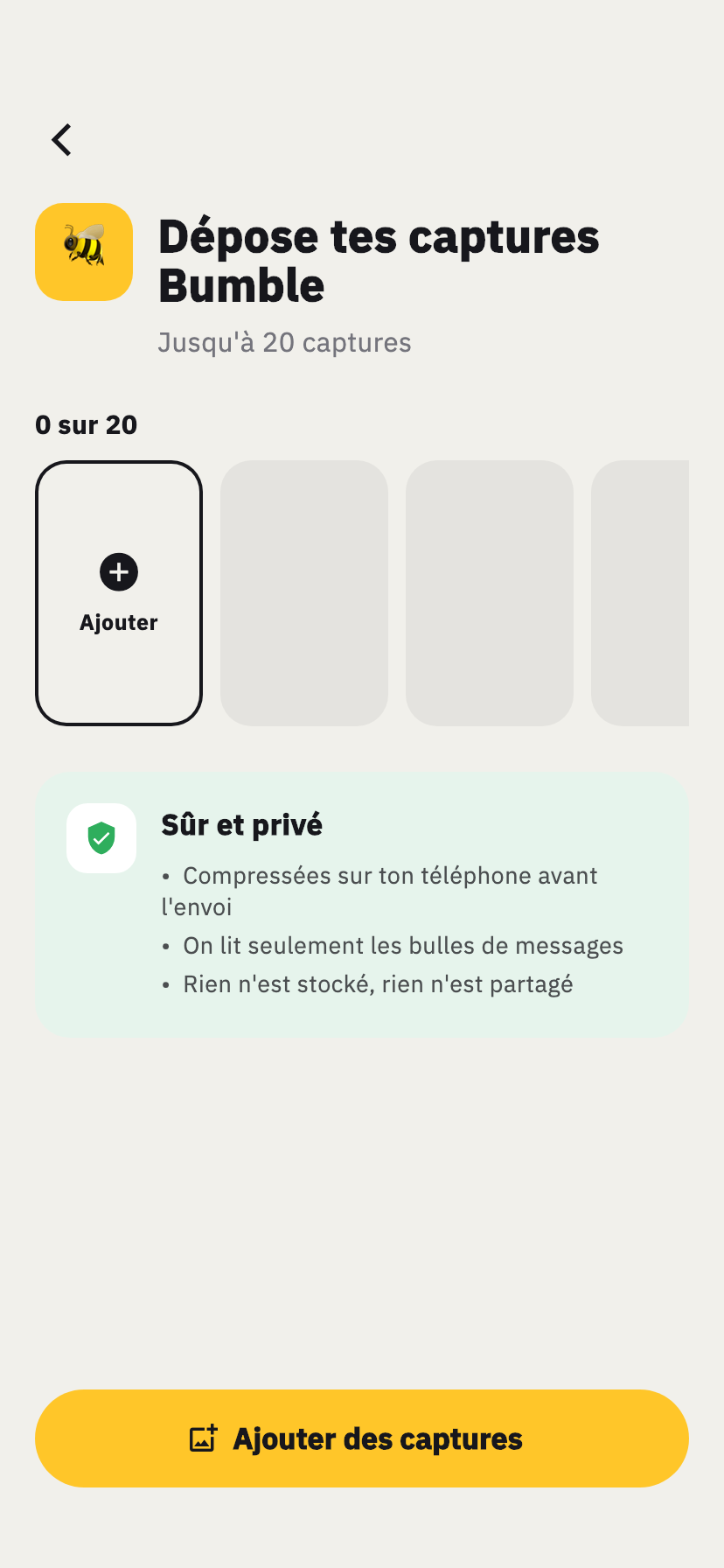 Écran d'import Bumble de Chakam, pour ajouter des captures d'écran d'une conversation Bumble