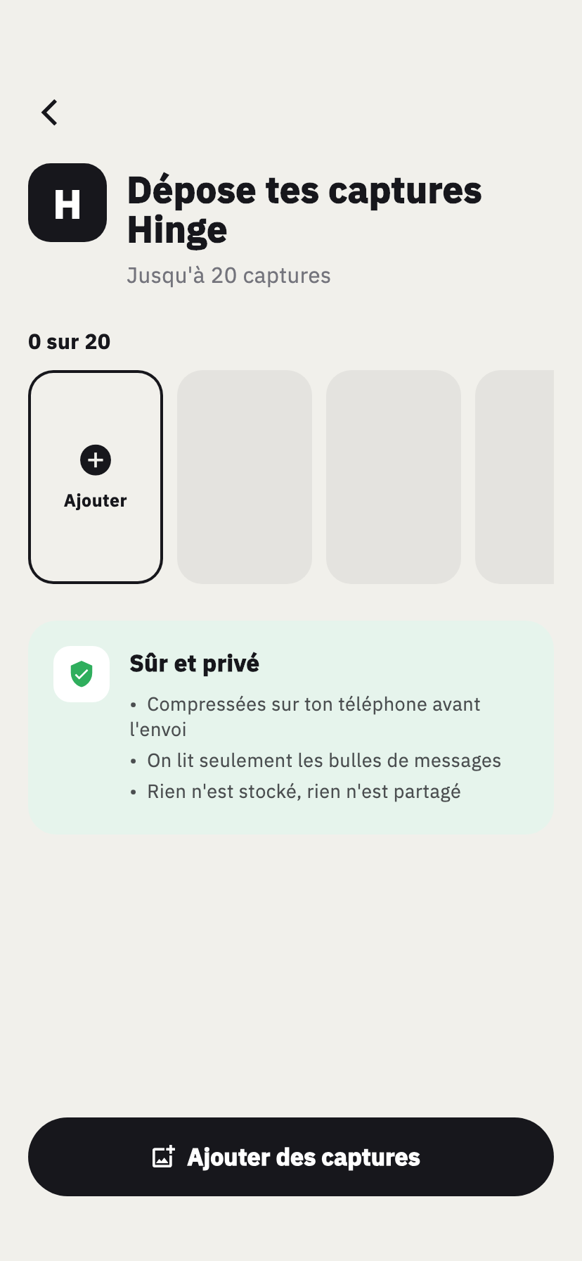 Écran d'import Hinge de Chakam, pour ajouter des captures d'écran d'une conversation Hinge