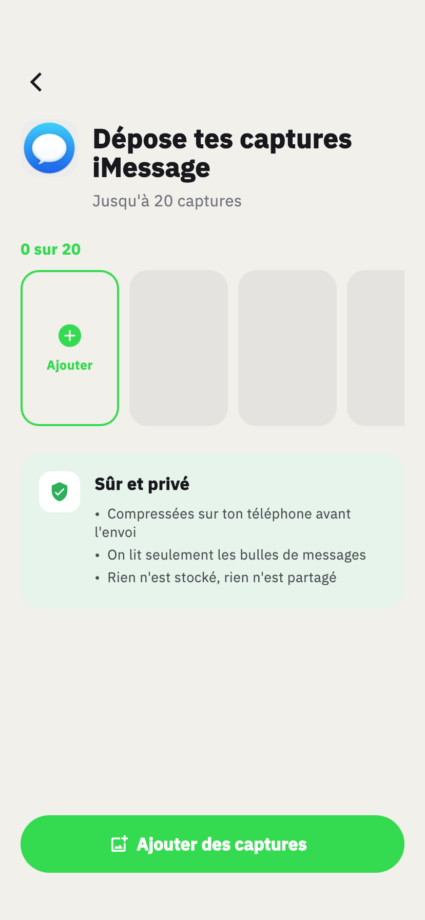Écran d'import iMessage de Chakam, pour ajouter des captures d'écran d'une conversation iMessage