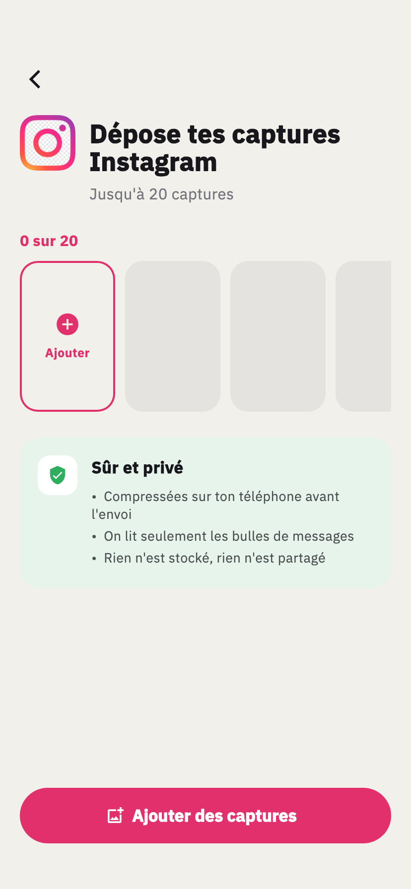 Écran d'import Instagram de Chakam, pour ajouter des captures d'écran d'une conversation Instagram