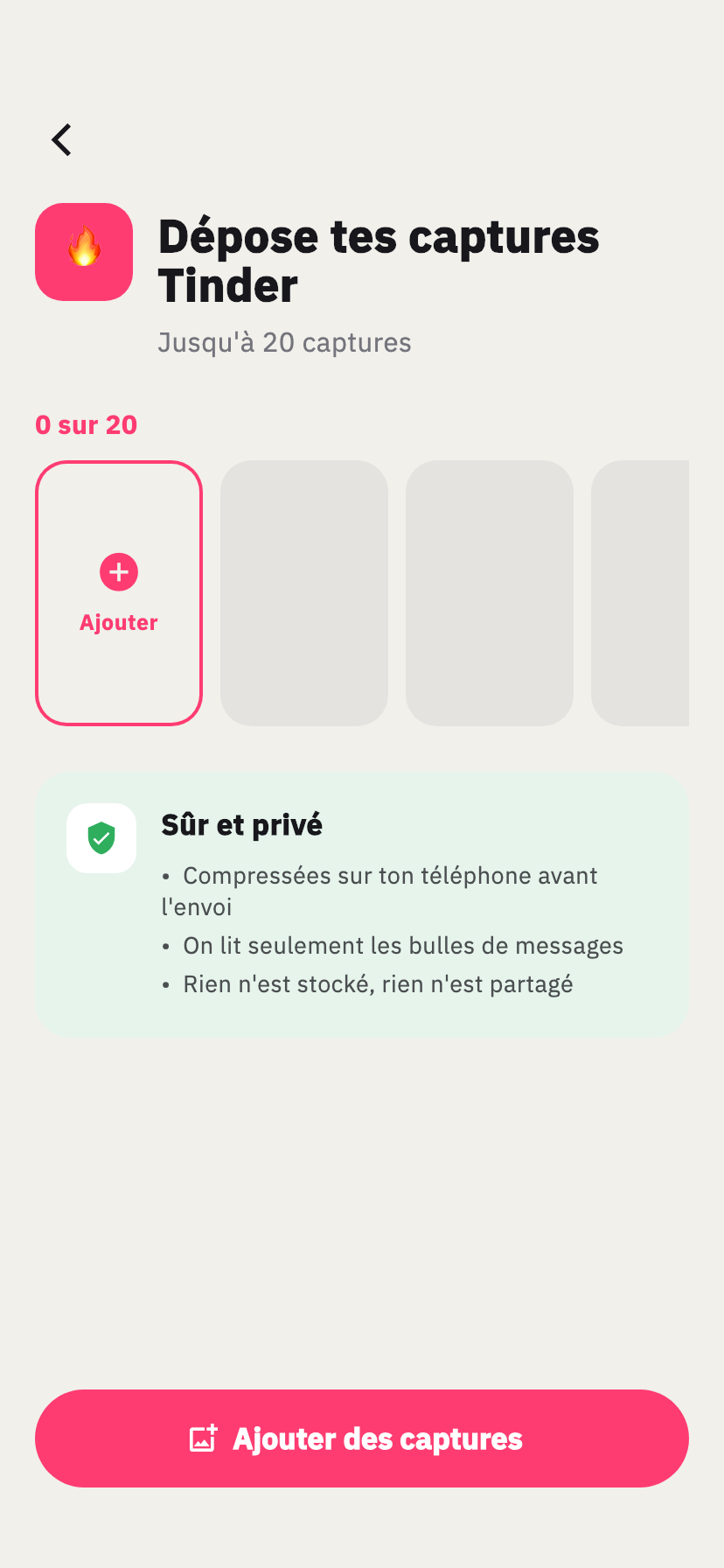 Écran d'import Tinder de Chakam, pour ajouter des captures d'écran d'une conversation Tinder