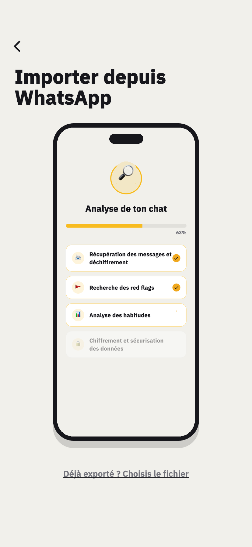 Écran du guide d'export WhatsApp de Chakam, qui montre comment partager une conversation WhatsApp exportée dans l'appli
