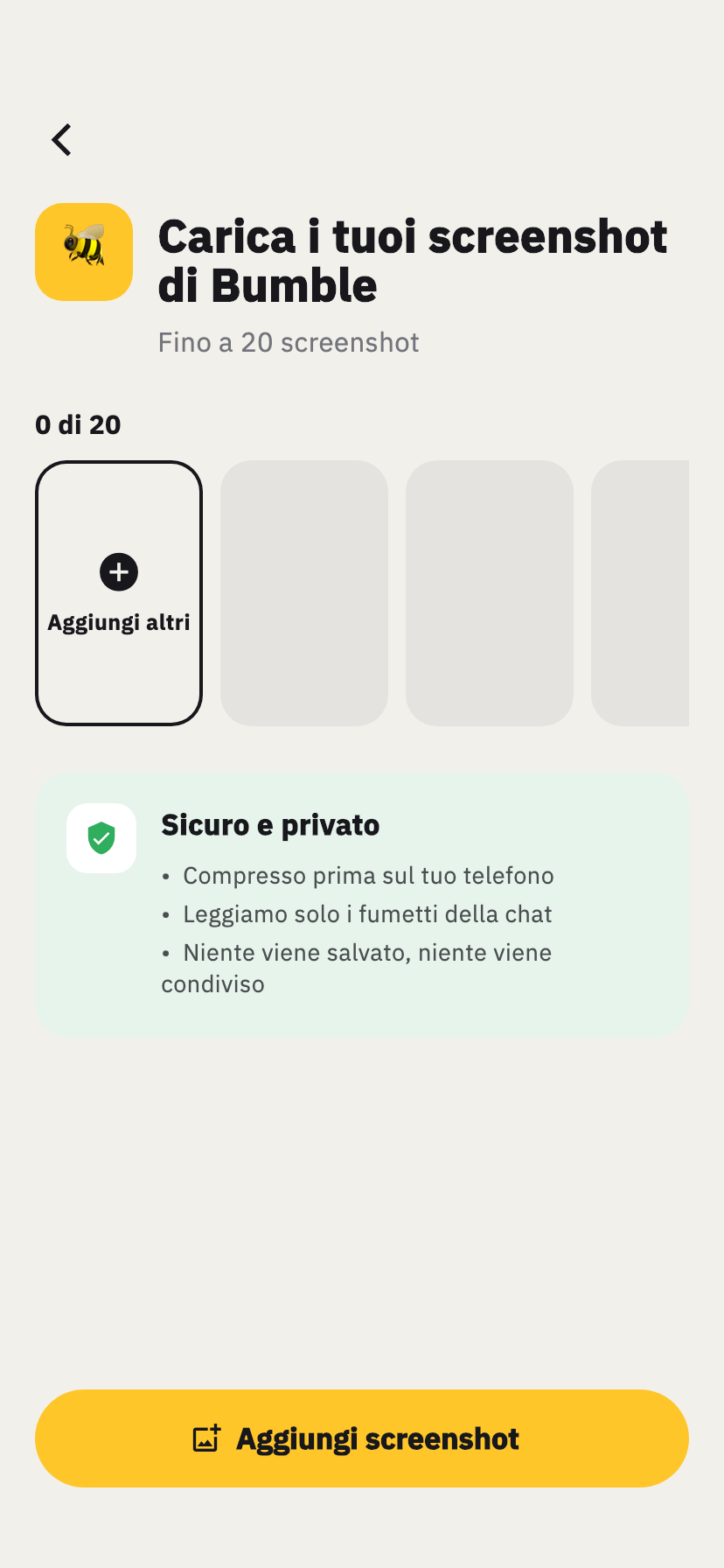 Schermata di importazione Bumble di Chakam, per aggiungere gli screenshot di una chat Bumble
