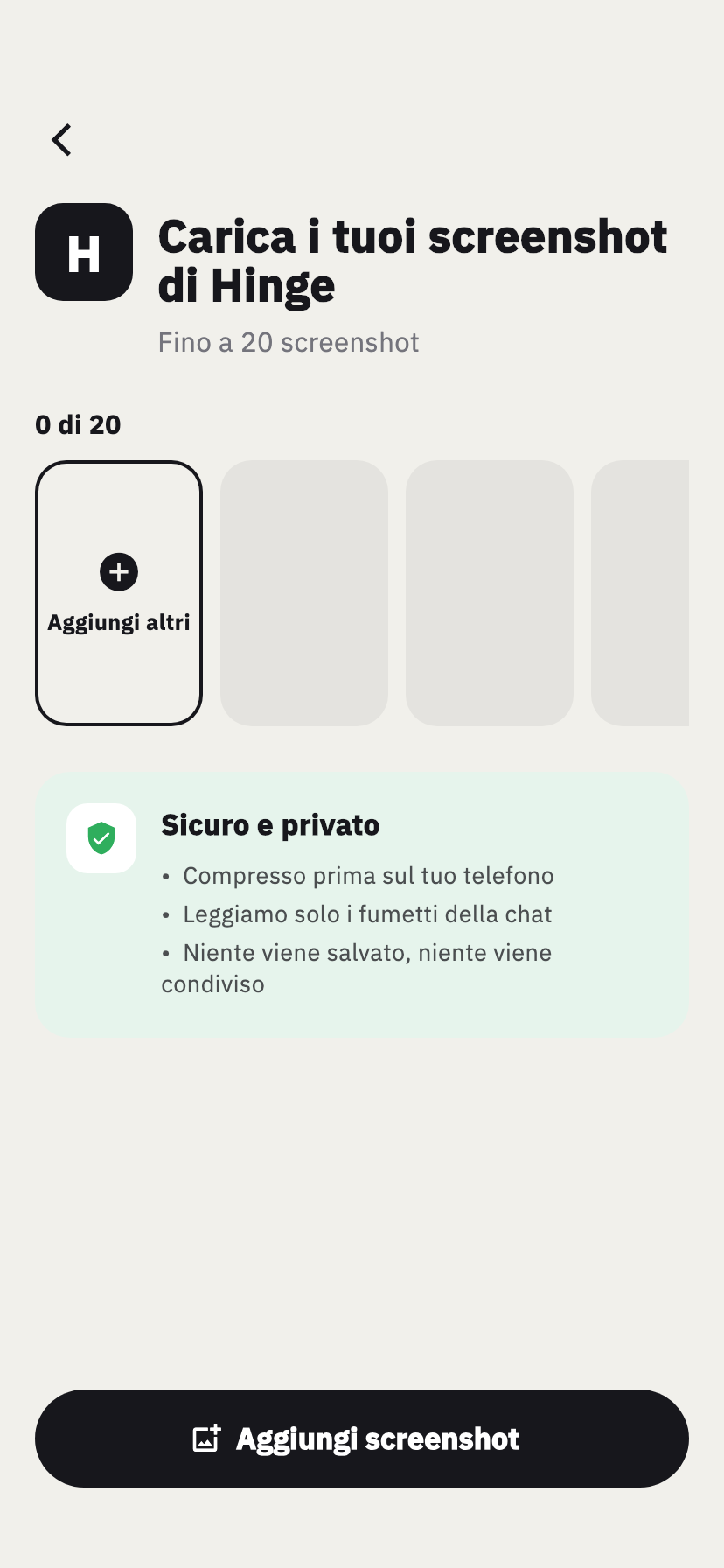 Schermata di importazione Hinge di Chakam, per aggiungere gli screenshot di una chat Hinge