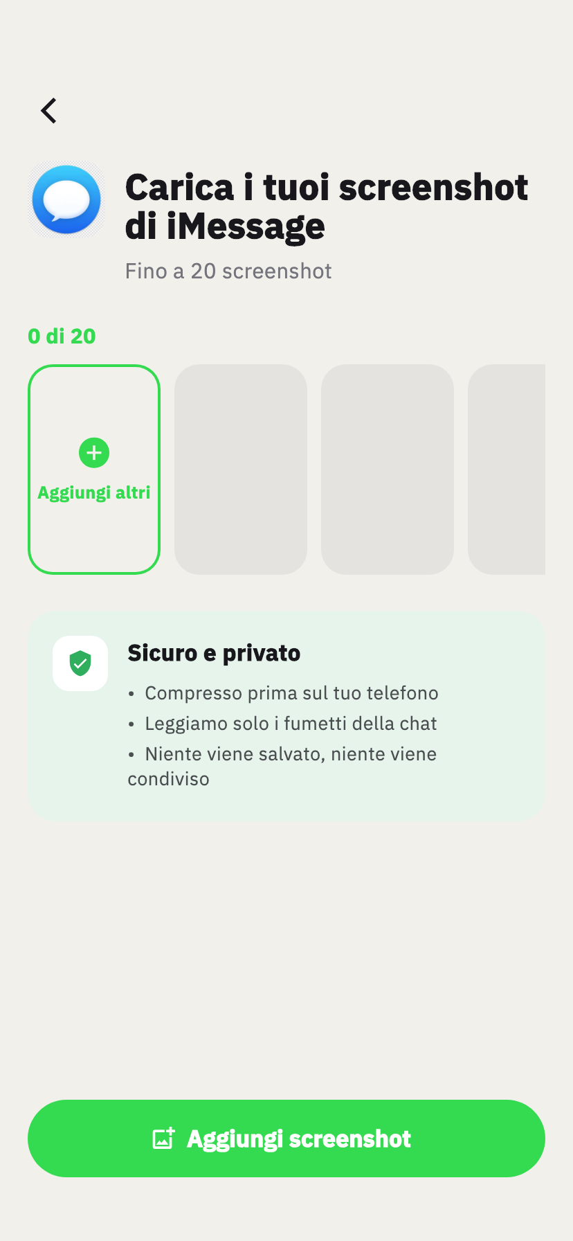 Schermata di importazione iMessage di Chakam, per aggiungere gli screenshot di una chat iMessage