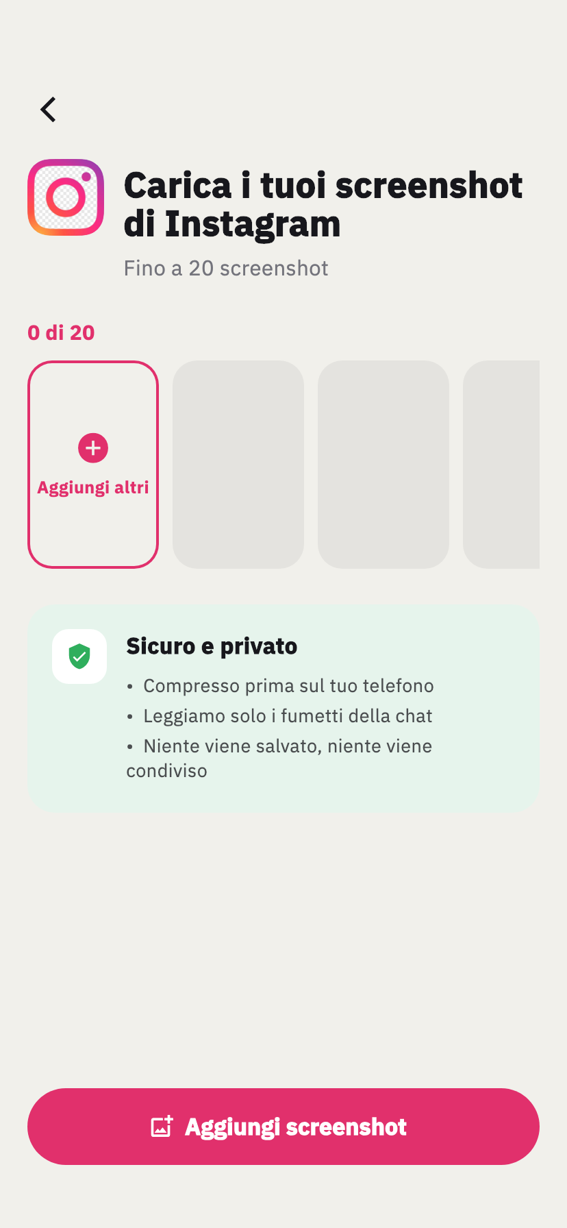 Schermata di importazione Instagram di Chakam, per aggiungere gli screenshot di una chat Instagram