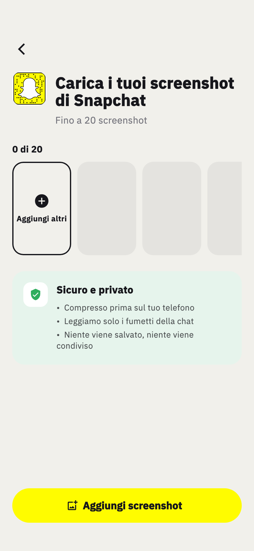 Schermata di importazione Snapchat di Chakam, per aggiungere gli screenshot di una chat Snapchat
