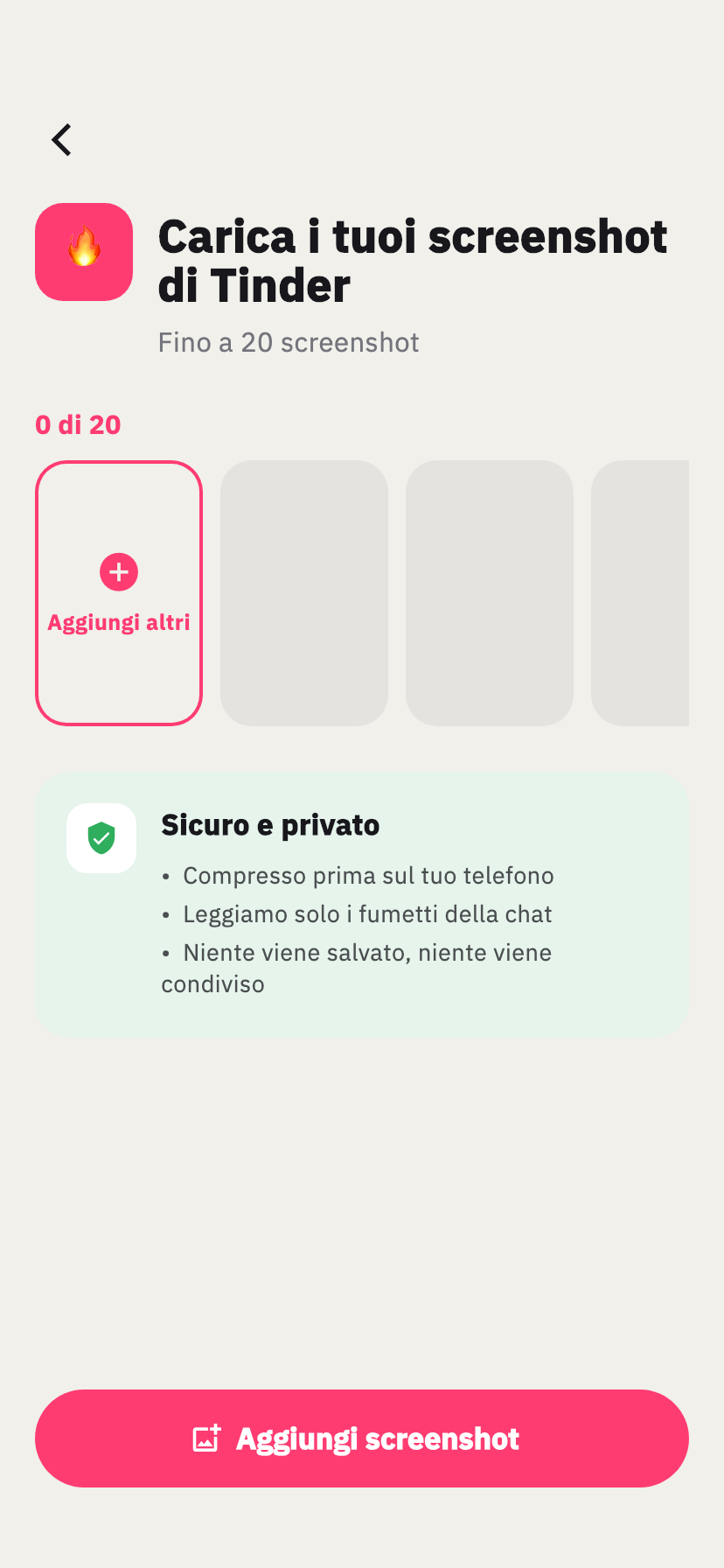 Schermata di importazione Tinder di Chakam, per aggiungere gli screenshot di una chat Tinder