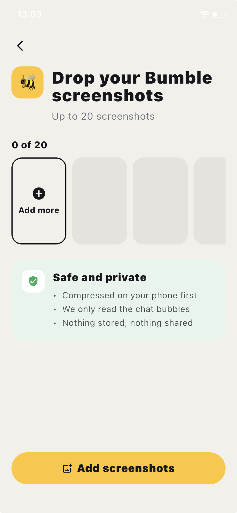 Chakam's Bumble screenshot import screen, showing the Bumble source selected