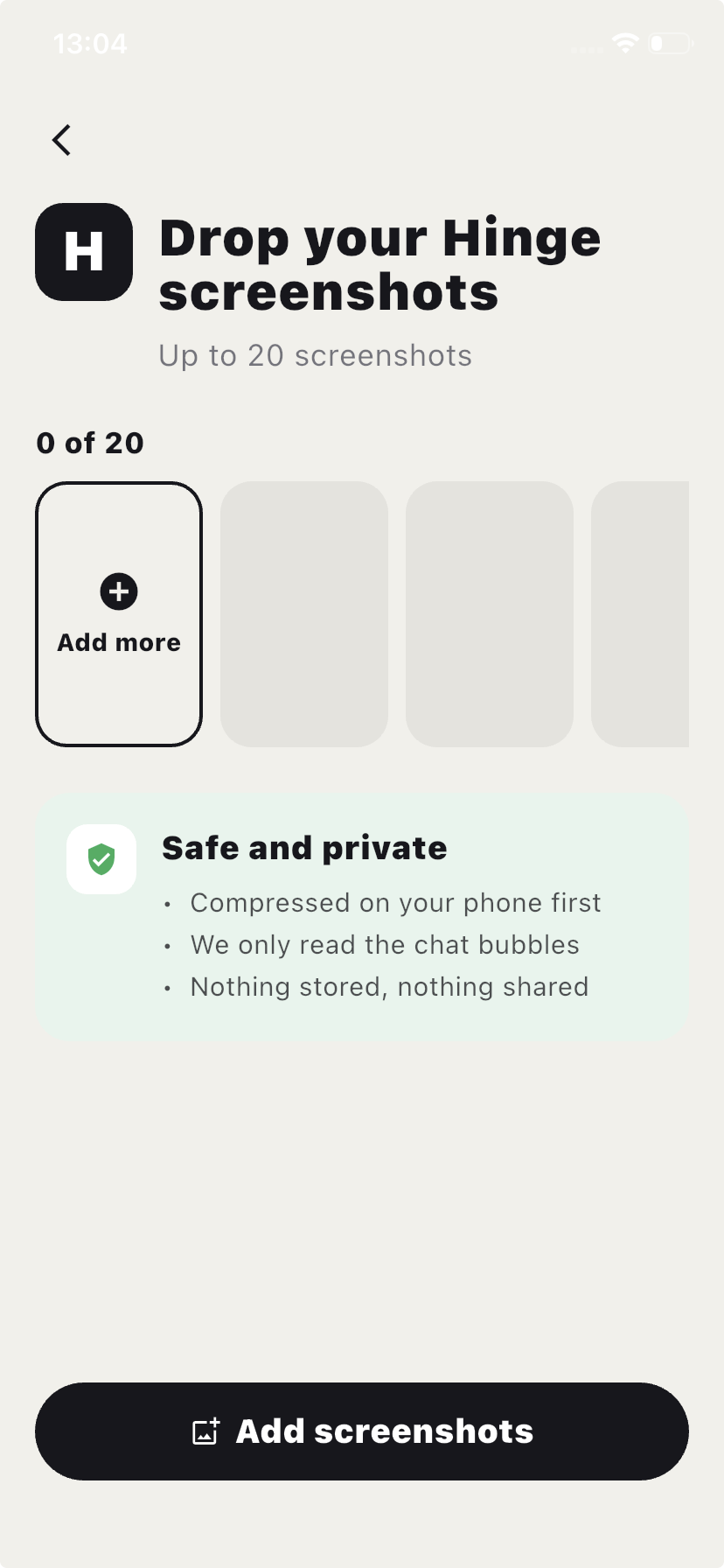 Chakam's Hinge screenshot import screen, showing the Hinge source selected