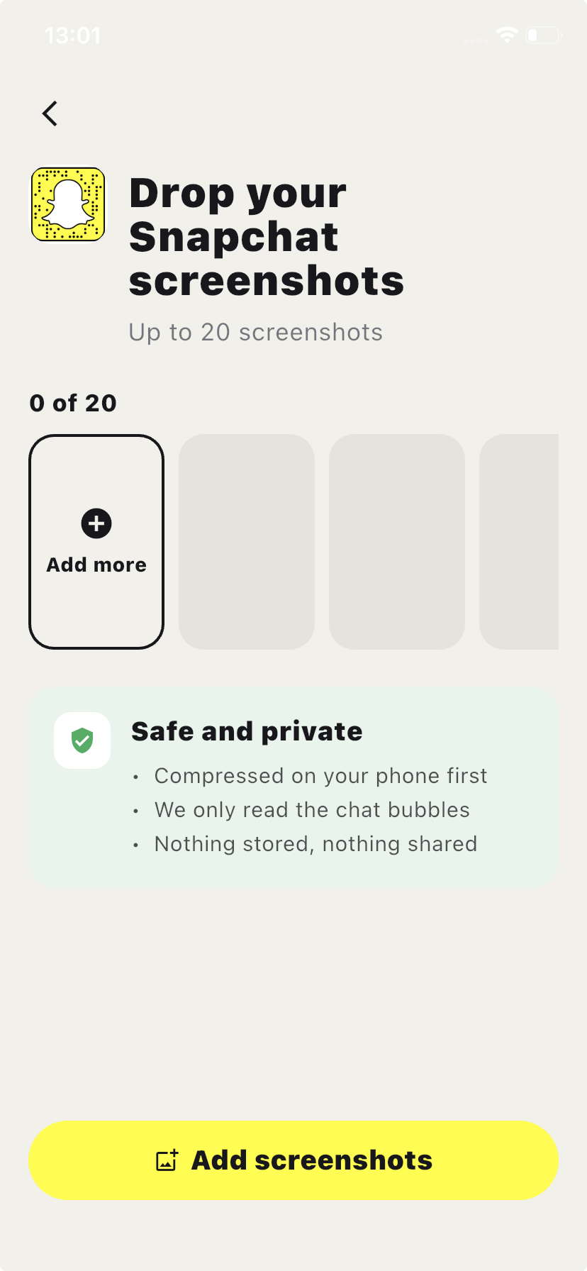 Chakam's Snapchat screenshot import screen, showing the Snapchat source selected