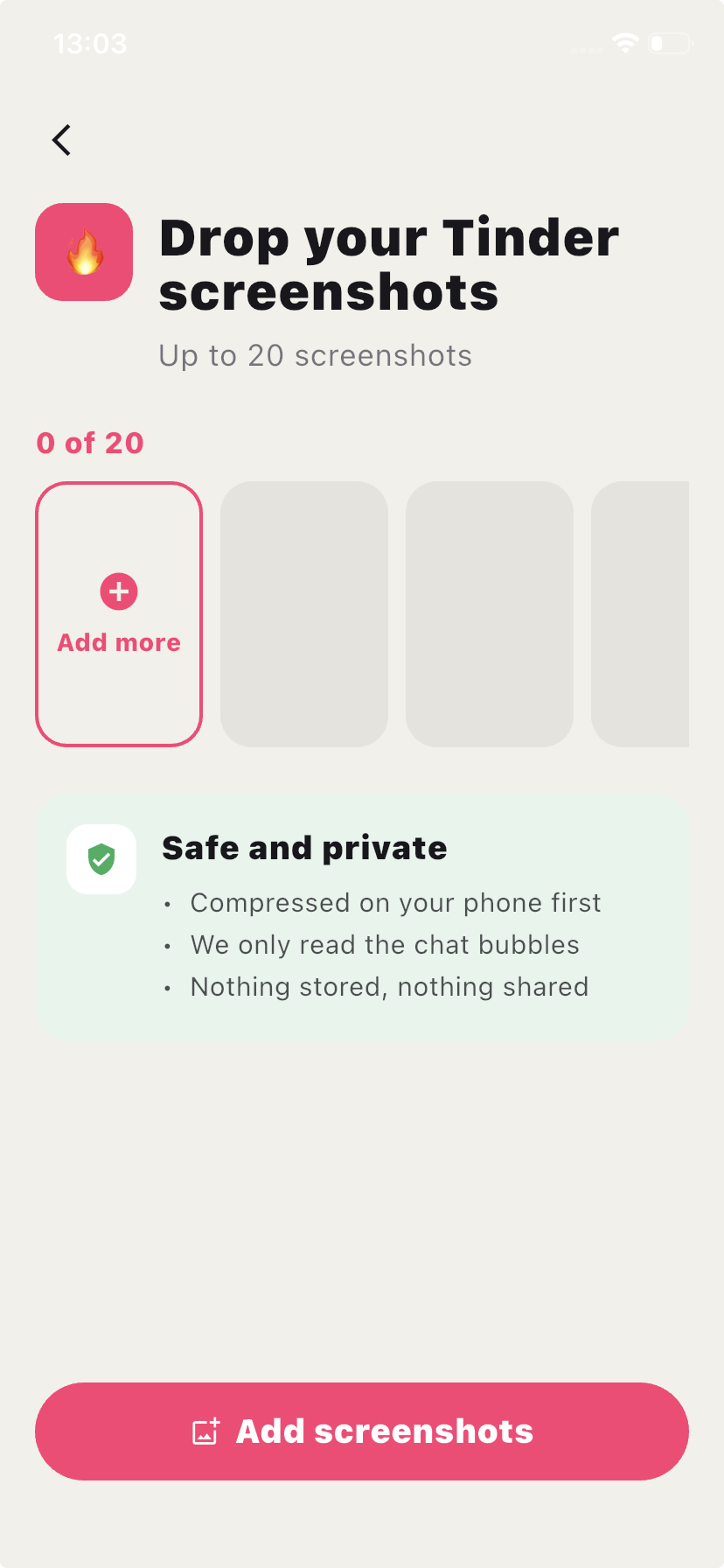 Chakam's Tinder screenshot import screen, showing the Tinder source selected