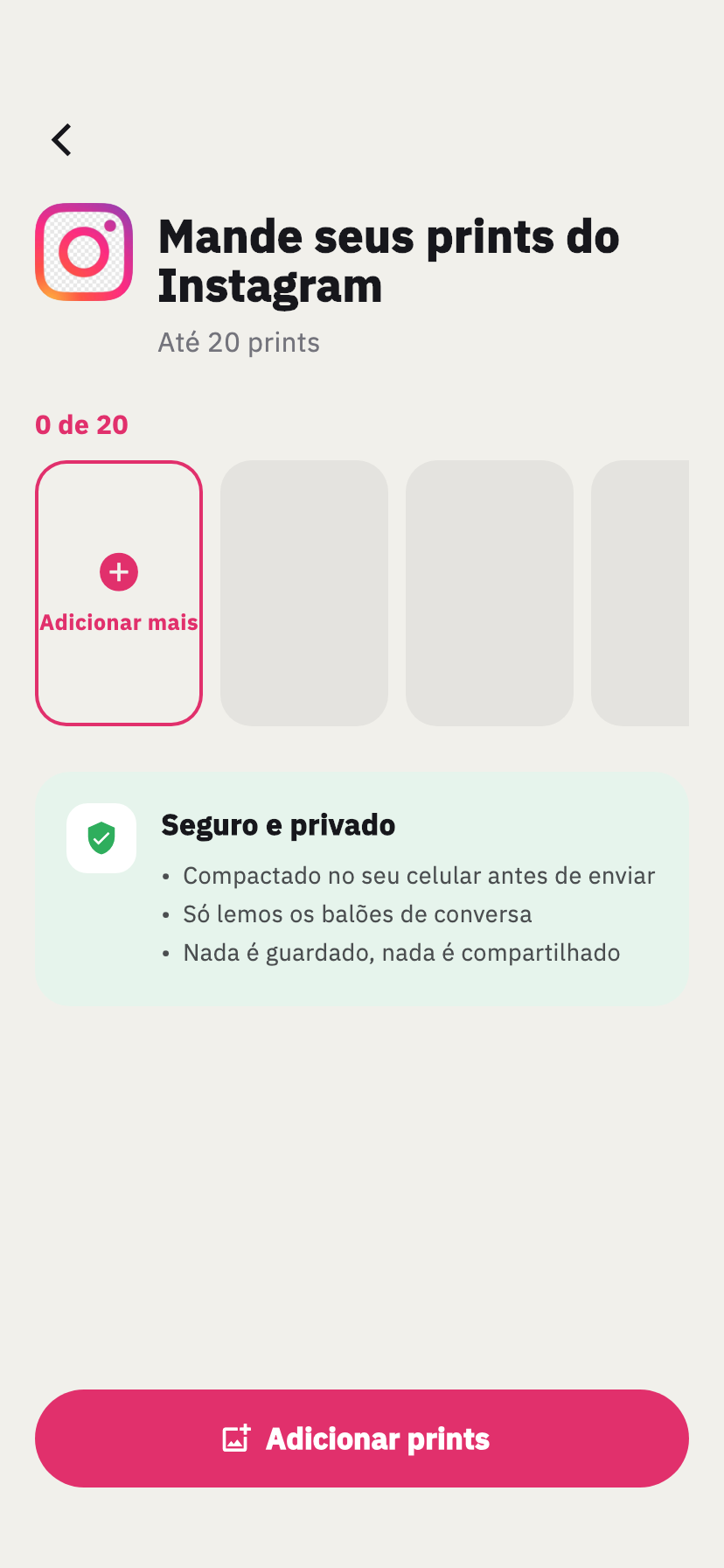 Tela de importação do Instagram do Chakam, para adicionar capturas de tela de uma conversa do Instagram