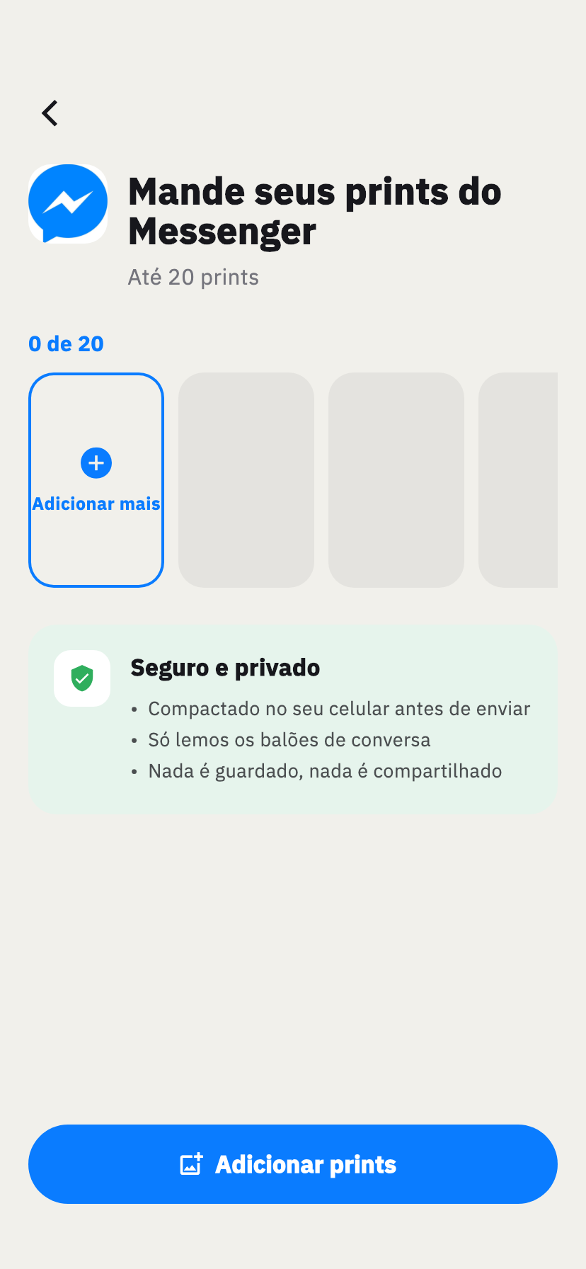 Tela de importação do Messenger do Chakam, para adicionar capturas de tela de uma conversa do Messenger