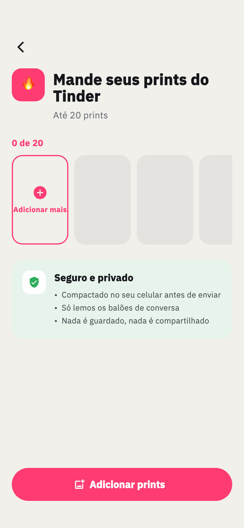 Tela de importação do Tinder do Chakam, para adicionar capturas de tela de uma conversa do Tinder