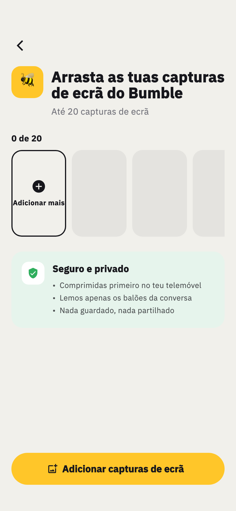 Ecrã de importação do Bumble do Chakam, para adicionar capturas de ecrã de uma conversa do Bumble