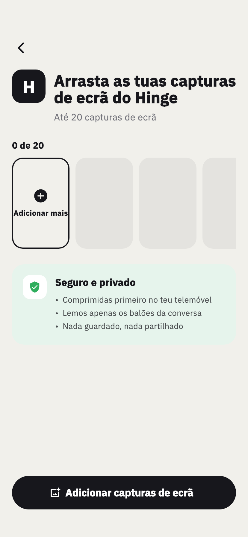 Ecrã de importação do Hinge do Chakam, para adicionar capturas de ecrã de uma conversa do Hinge