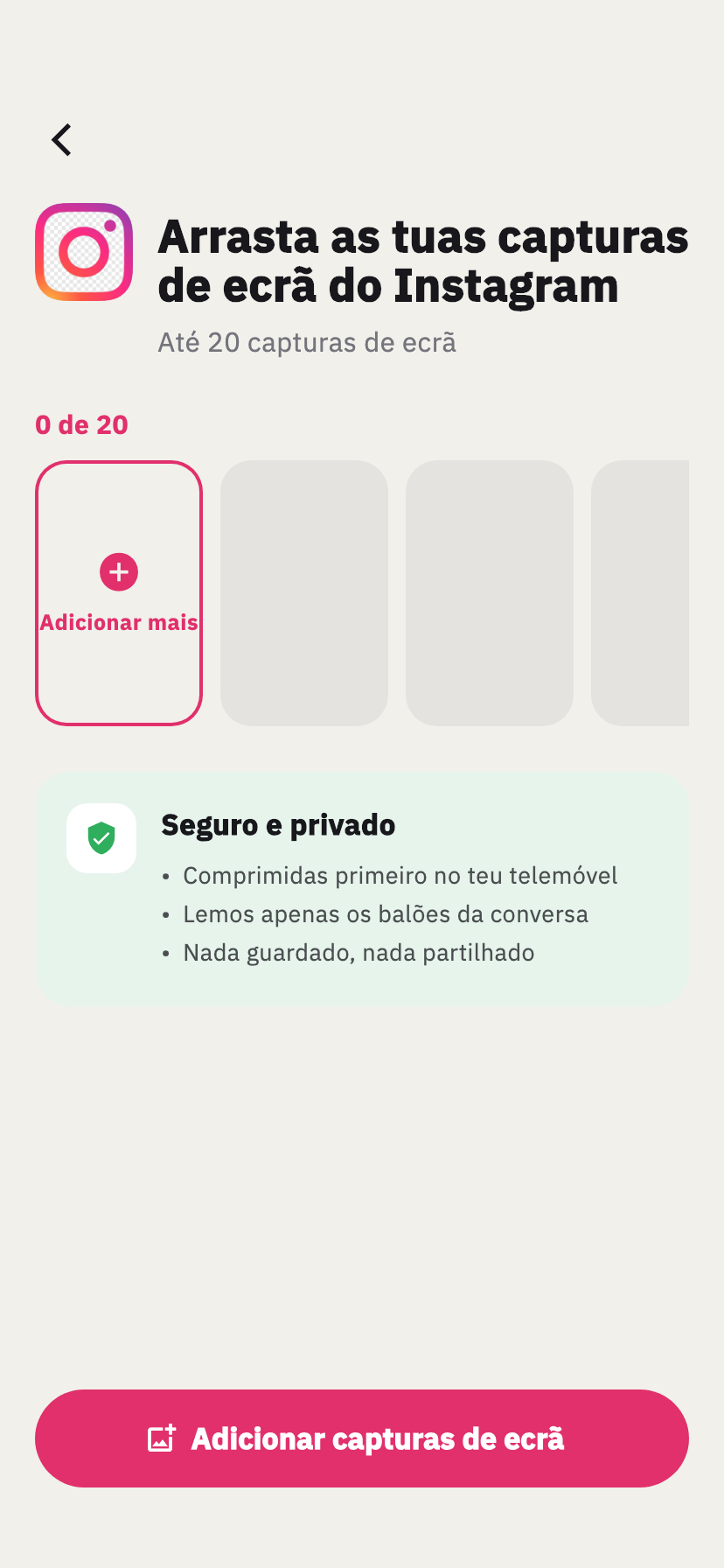 Ecrã de importação do Instagram do Chakam, para adicionar capturas de ecrã de uma conversa do Instagram