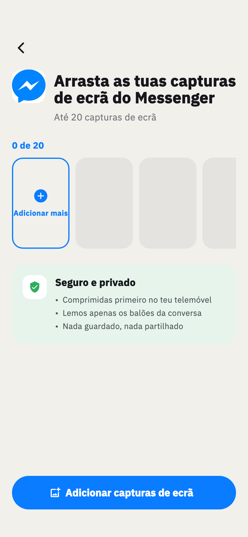 Ecrã de importação do Messenger do Chakam, para adicionar capturas de ecrã de uma conversa do Messenger