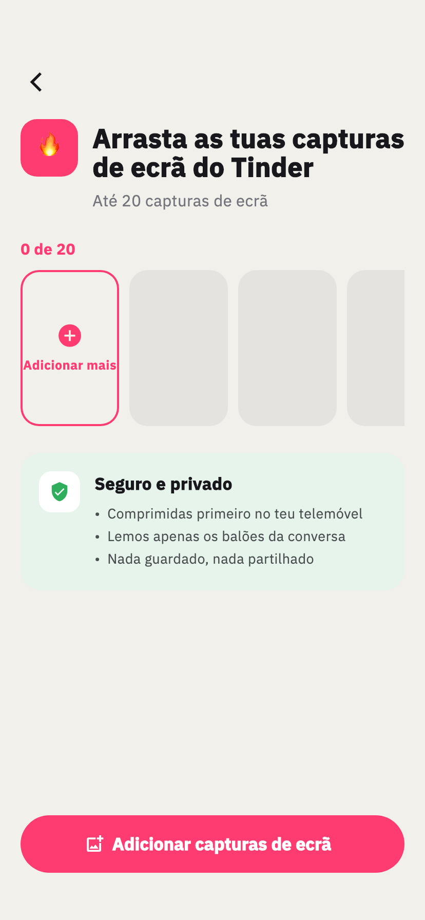Ecrã de importação do Tinder do Chakam, para adicionar capturas de ecrã de uma conversa do Tinder