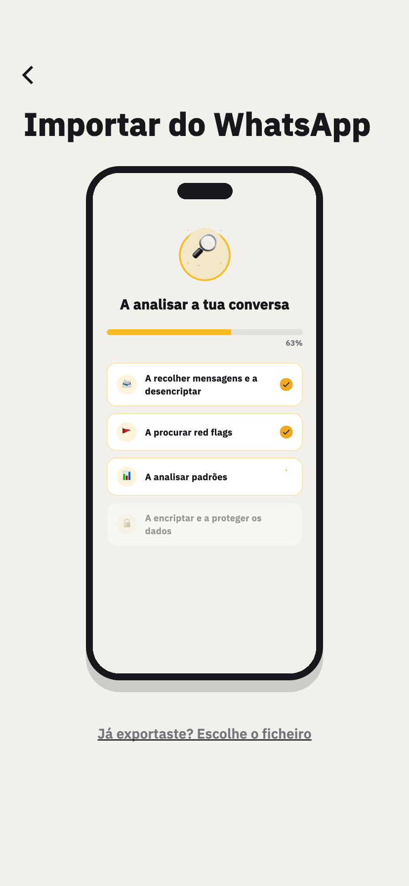 Ecrã do guia de exportação do WhatsApp do Chakam, que mostra como partilhar uma conversa exportada do WhatsApp na app